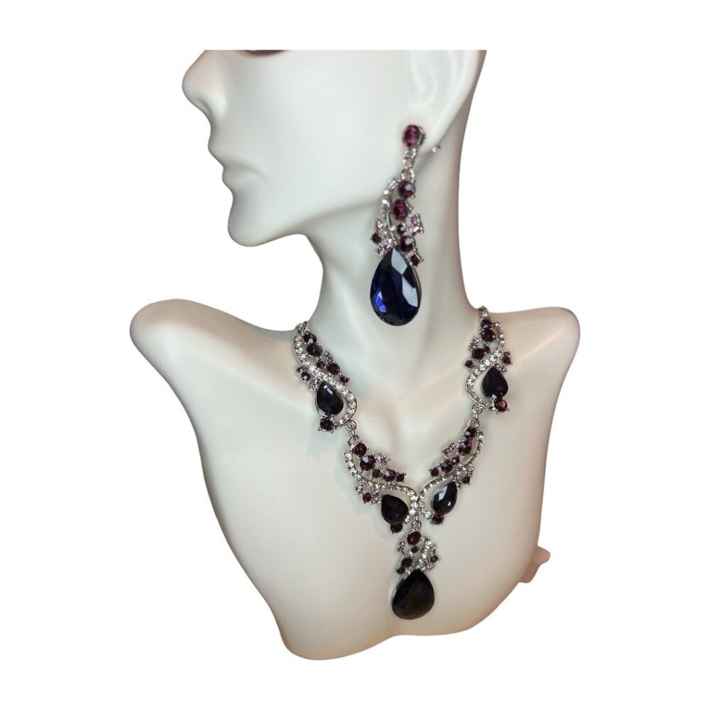 Necklace and Earring Set Wedding Anniversary Purple Silver Jewelry Rhinestone
